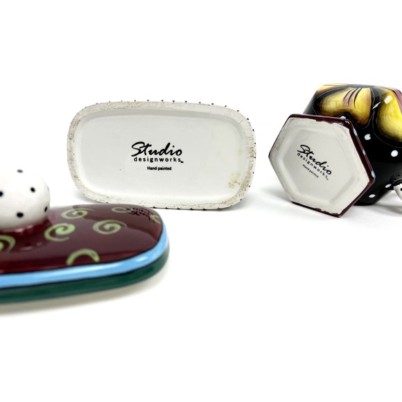 Fab Studio Designworks Hand Painted Ceramic Flower Check Creamer & Sugar Set - Picture 2 of 2